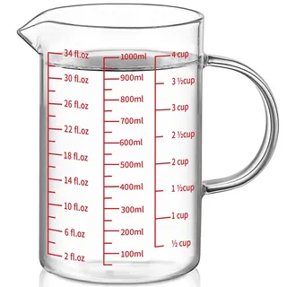 Luvan 1000 ml/4 Tassen/34 oz Glas Messbecher, Flüssigkeits Messbecher mit Griff und V-förmigem Ausguss, Ideal zum Mischen und Kochen, Spülmaschinen/Gefrierschrank/Mikrowellenfest