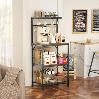 AIORBER Küchenregal mit 4 Ebenen und 8 Haken, Mikrowellenregal Metall Holz, Verstellbares Standregal für Kaffee Station und Küche, Stabil mit X-Streben Braun - Braun