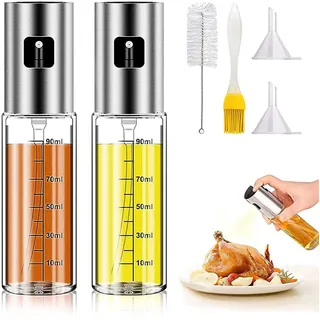 MEIRRAI Ölsprüher für Speiseöl, 2 Stück Öl Sprühflasche Glas mit Skala und Trichter, 100 ml Edelstahl Ölspray für Airfryer, für Salat, Grillen, Backen in der Küche