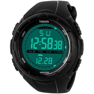 TONSHEN Digitaluhr Herren Sportuhr 50M Wasserdicht Taktische Militär LED Armbanduhr Silikon Band Datum Lichter Alarm Watch Uhren, Schwarz