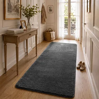 VOUNOT® Teppich Wohnzimmer 80x200 cm, mit rutschfeste Rückseite & Antirutschmatte, Kuscheliger Kurzflor Flauschig Teppiche Gegend für Schlafzimmer Kinderzimmer Esszimmer, Anthracite