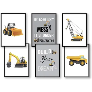 WIETRE® 6er Set Bilder Baufahrzeuge Bagger Kran Kinderzimmer Deko | Bild Junge Babyzimmer Poster DIN A4 | LKW Baustelle Stapler Walze Auto Fahrzeuge Dekoration (mit schwarzen Rahmen)