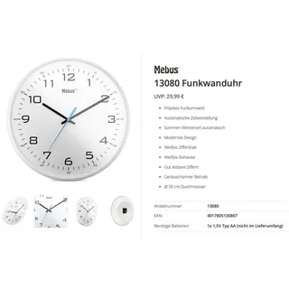 MEBUS Bahnhofsuhr 30 cm 13080 weiß