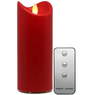 Tronje LED Outdoor Kerze - 18cm Stumpenkerze Rot mit Timer u. Fernbedienung - bewegliche Flamme - IP44 UV Hitzebeständig