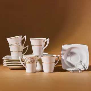 KARACA Autumn Porzellan Türkische Kaffeetassen-Set für 6 Personen, Kaffeeservice 90 ml, Espressotassen Set 6 teilig, Elegantes Blumenmuster mit Goldakzenten & Untertassen, Kahve Fincan Seti