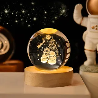 Weihnachtsdeko 3D Kristallkugel mit LED-Licht, Schneekugel Nachtlicht Weihnachten deko mit Holzsockel, USB Lasergeätzte Kugel Lampe, Weihnachts Glaskugel Deko für Zuhause Geschenk (A x 6 cm)