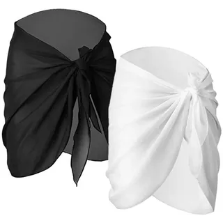 Damen Chiffon Sarong Pareo,2er Pack Sarong Chiffon Strand Frauen Badeanzug Wickelkleid Wickelrock Strandkleid Bikini Cover Up Badeanzug Wickelkleid Rock für Urlaub Schwimmen Schwarz+Weiß