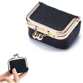 SHOFUL Mini Schmuckkästchen aus echtem Leder im Vintage Stil mit praktischem Kussverschluss kompaktes Reise Etui für Ohrringe Ringe Ketten und Armbänder schwarz Reise Schmuckkästchen