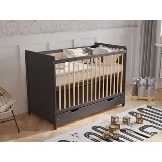 Babybett Gitterbett mit Schublade und Aloe Vera Matratze 120 x 60 cm + Sicherheitsbarriere - Dunkelgrau, Naturbelassen