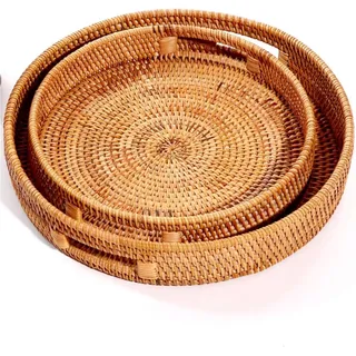 Dudoplatz Rundes Rattan Serviertablett mit Ausgeschnittenen Griffen, Handgeflochtenes Dekoratives Tablett, einsetzbar für Frühstück, Getränke, Snacks und Kerzen (2er-Set: 25 cm, 30 cm)