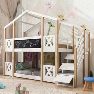 Kinderhochbett Baumhaus 90x200cm, mit Stauraum, breiter Rolltreppe, Rausfallschutz, 2x Lattenrost, Weiß - Weiß