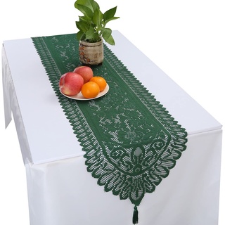 KYEYGWO Grün Hohle Spitze Tischläufer mit Vintage Blumenmuster, Elegante Makramee Tischdecke Boho Tischwäsche mit Quasten, Landhausstil Tischtuch für Esstisch Deko Hochzeit Weihnachten 135x33 cm