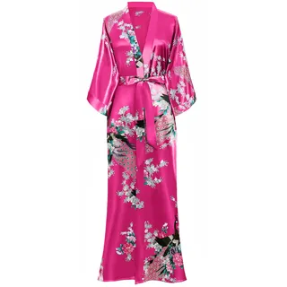 BABEYOND Damen Kimono Robe Lange Roben mit Pfau und Blüten Printed 1920S Kimono Nightgown Eine Größe passt meistens Rose Red