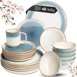 Moritz & Moritz Steingut Geschirrset 12 Personen - Tarento 48-tlg. - Teller Set aus Steingut - Geschirr Set aus 12x Dinnerteller, 12x Dessertteller, 12x Suppenteller & 12x Tassen