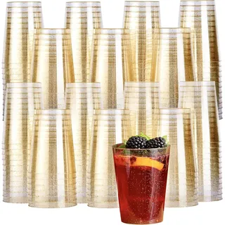 MATANA 150 Premium Plastikbecher, Partybecher, Trinkbecher mit Goldglitter (285ml / 10oz) - Hartplastik Becher, Kunststoffbecher, Mehrwegbecher, Cocktailgläser, Plastikgläser für Hochzeiten & Partys