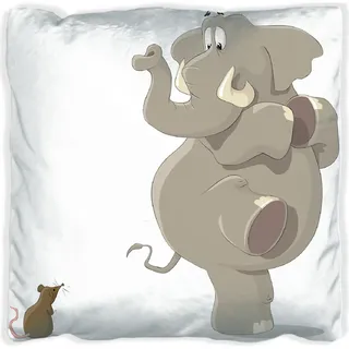 Wallario Premium Kissen, weiche Oberfläche, mit Motiv Elefant erschrickt vor Maus, Größe: 60 x 60 cm, mit weißer Rückseite - Weiß