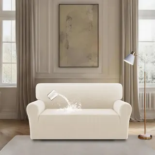 BellaHills High Stretch Sofabezug Moderne Sofaüberwurf, Wasserdicht Sofahusse für Wohnzimmer Protector für Hunde Haustiere, Elfenbein, 2 Sitzer(130-160CM)