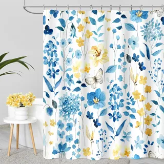 MAYZUS Duschvorhang mit Blumenmuster, 152,4 x 183,9 cm, Stoff-Duschvorhänge für Badezimmer, Wildblumen, Schmetterling, Stoff-Duschvorhang-Set mit Haken, Blau/Gelb