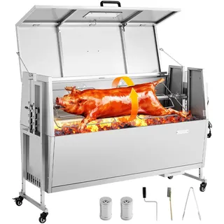VEVOR Drehspießgrill 38 W Spanferkelgrill Lammgrill Holzkohlegrill (132 cm Grilllänge) mit 60 kg Tragkraft & Rädern & 4-facher Höhenverstellung & Deckel, Edelstahl-Elektrogrill-Set für Camping