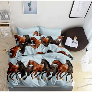 Bettwäsche - 155x200 cm - Bettbezug und Kissenbezügen Set - Pferde - Himmelblau - Mikrofaser Baumwolle - 2 Kissenbezüge 70x80 cm - Himmelblau, Braun