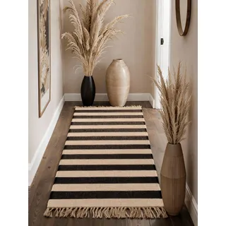 Hanse Home Playa Juteteppich - Natur Wohnzimmerteppich, Jute, Handgewebt, Gestreift, Fransen, Robust & Pflegeleicht, Naturfaser Teppich für Wohnzimmer, Schlafzimmer - Natur Weiß Schwarz, 80x200cm