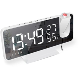 Wecker mit Projektion Radiowecker-Digitaler Projektionswecker mit USB-Anschluss, 7.5 Zoll großes Spiegel-LED-Display,Snooze Dual-Alarm,FM Radio,4 Displayhelligkeit mit automatische Dimmfunktion(Weiß)