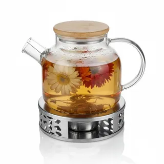 Arendo - Teekanne aus Glas mit Stövchen – Bambusdeckel – inklusive Edelstahlstövchen – Fassungsvermögen 1,4 Liter – hitzebeständig – mit Siebeinsatz für Blütentee – einfache Reinigung – für heiße und
