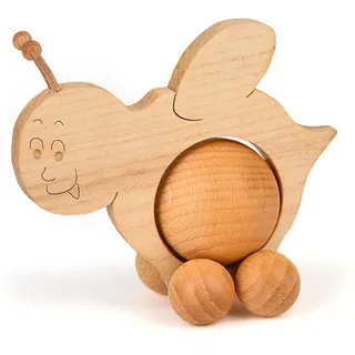 Deko Tier Figur Rolltier Biene 10 x 10 cm Holz Buche natur Rolli mit 4 cm Kugel, Holzdeko Schiebetier Rolli, Kunsthandwerk aus Europa