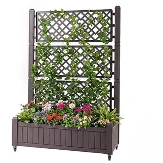 FANTASK Pflanzkasten mit Spalier, 80 x 40 x 140cm, Blumenkasten mit Wasserstandsanzeiger & Abflusslöchern, Blumenkübel mit Rankgitter und Rollen, Blumenkübel für Garten Balkon, PP (Braun)