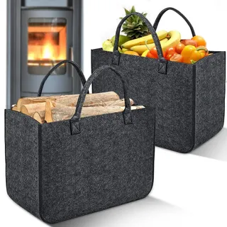 2 Stück Filztasche Kaminholztasche aus Filz Kaminholzkorb Filztaschen Einkaufskorb Brennholzkorb für Filzkorb, Shopper, Holz, Zeitungen, Einkaufstasche, Große Faltbarer Tragbare (Dunkelgrau)