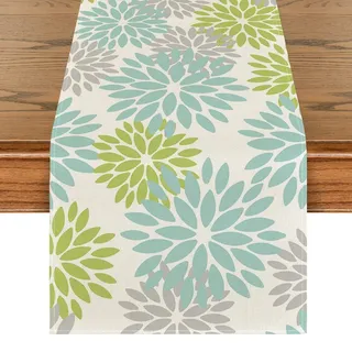 Artoid Mode Blumen Grün Dahlien Frühling Tischläufer, Saisonnal Sommer Küche Tisch Dekoration Drinnen Urlaub Party Dekor 40x300 cm
