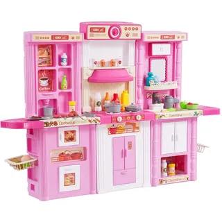 Vevor Kinderküchen-Spielset, 3-in-1-Kleinkinderküche mit simuliertem Sprühnebel, Geräuschen & Lichtern, Spielküchenset mit 74-teiligem Kochzubehörset für Kinder im Alter von 3–8 Jahren, pink