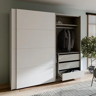 Forte Schach & MATT 2 weißer Kleiderschrank 220, moderner Schwebetürenschrank mit Einlegeböden und Kleiderstange, 2-türig, Holzwerkstoff, Weiß Matt, 220,1 cm breit x 210,5 cm hoch x 61,2 cm tief