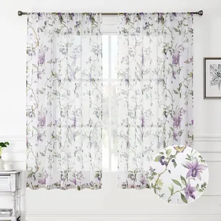 Tollpiz Gardinen mit Blumenmuster, durchscheinend, violett, Kirschblume, Schmetterling, Druck, Wohnzimmer, Vorhangstange, Tasche, Voile, Leinenoptik, kurz, weiß, durchscheinende Vorhänge für