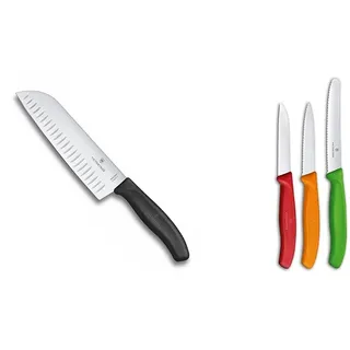 Victorinox Swiss Classic Santokumesser, Messer Asiatischer Art & Swiss Classic Gemüsemesser-Set, 3-teilig, Obstmesser, Gerader Schliff, Extra Scharf, Robuster Kunststoffgriff, mehrfarbig