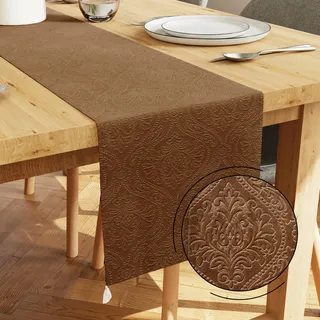 Encasa XO Tischläufer | Geprägtes Samt | Größe 32x240 cm | Farbe Kaffee mit Premium-Polyester - Maschinenwaschbar