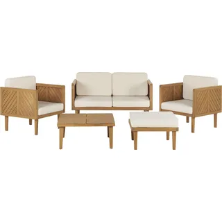 BELIANI Lounge Set Hellbraun Akazienholz 5-teilig für 4 Personen mit Auflagen Beige Stoff Couchtisch Fußhocker 2er Sofa 2 Sessel Outdoor Garten - Braun, Beige
