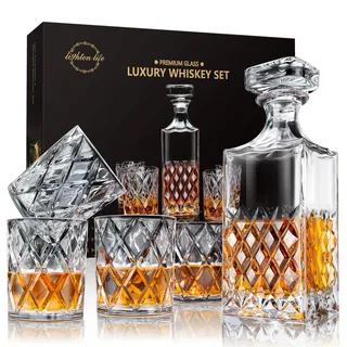 LIGHTEN LIFE Whisky Karaffe und Gläser Set,Whiskey Karaffe Set,Whiskey Geschenkset,849 ml Kristall-Whisky-Dekanter mit 4 Gläsern 280 ml in Geschenkbox (5 Stück)