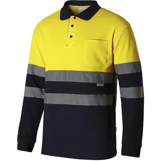 VELILLA 305515; Hohe Sichtbarkeit Poloshirt aus Baumwolle, Zweifarbig und Langarm; Farbe Navy und Fluorgelb; Größe L