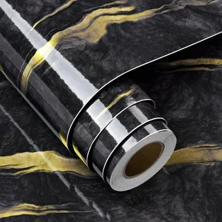 FunStick 60CM×5M Klebefolie Möbel Marmor Schwarze Folie Selbstklebend Glänzend Marmor Klebefolie Küchenschrank Tischplatte Schwarz Gold Tapeten Marmoroptik Folie für Möbel Küche Arbeitsplatte Schwarz