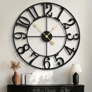 HAITANG Große Wanduhr Modern, schwarz Metall rund wanduhr 80 cm Durchmesser lautlos batteriebetrieben, Vintage-Stil Arabische Ziffern Uhren für Wohnzimmer, Schlafzimmer, Küchendekoration - 31 Inches