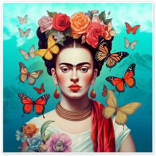 Frida Kahlo Schmetterlinge Poster 40 x 40 cm | Pop Art & mexikanische Bildwelt | Frida mit Rosenkranz, Monarchfaltern, Schmuck und leuchtendem Türkis