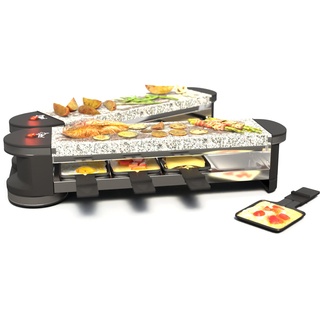 SUNTEC Raclette Grill RAC-7079 Flex8 stone/stone – Mini Tischgrill für 8 Personen – 8 Pfannen + 8 Spatel als Zubehör Set – Doppelseitige Steinplatte aus Granit – Mit Drehgelenk – 1400 Watt