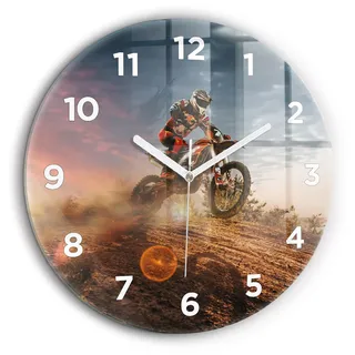 Wallfluent Große Wanduhr – Stilles Quarzuhrwerk - Uhr Dekoration Wohnzimmer Schlafzimmer Küche - Zifferblatt - weiße Zeiger - 60 cm - Mann auf einem Motorrad - Blau