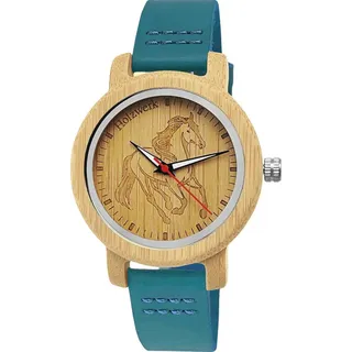 Holzwerk Germany Holzwerk Mädchen-Uhr Analog Quarz Uhr mit Pferde Pony Motiv Gehäusefarbe Holz Armband Leder Türkis-Blau