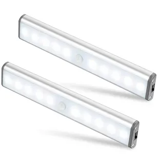 Moston 2er Set 10 LED USB Wiederaufladbar Magnetisch Bewegungsmelder Nachtlicht,auto EIN/AUS Schrankbeleuchtung,tragbar schnurlos kleben Irgendwo für Schränke Kleiderschrank(Silber Schranklicht)