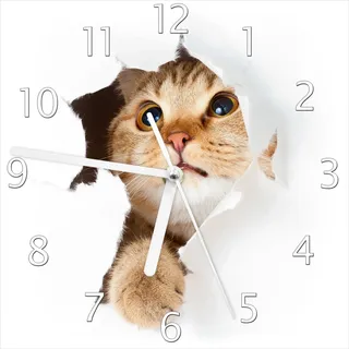 Wallario Design Wanduhr Katze mit Blick nach oben aus Echtglas, Größe 20 x 20 cm - Braun