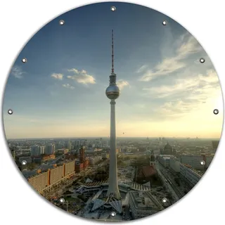 Wallario rundes Outdoor-Poster für Garten oder Balkon, Motiv Fernsehturm Berlin mit Panoramablick über die Stadt, 90 cm Durchmesser - Blau