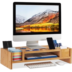 Relaxdays Monitorständer, Bildschirmständer aus Bambus, 14 Fächer, ergonomischer Monitorerhöher, HBT 15x65x28 cm, natur