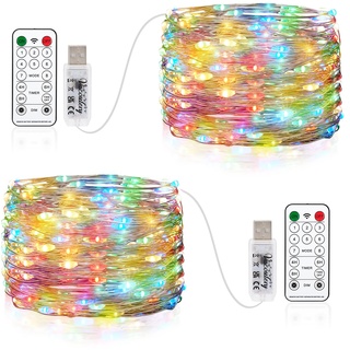 Vacoulery 2 x 100LEDs Lichterkette USB, 10M USB-Anschluss mit Fernbedienung 8 Programm Timer Kupferdraht Lichterkette Innen für Zimmer, Party, Hochzeit, Weihnachten